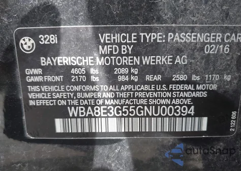 2016 BMW 328I xDrive from USA, damaged, VIN WBA8E3G55GNU00394